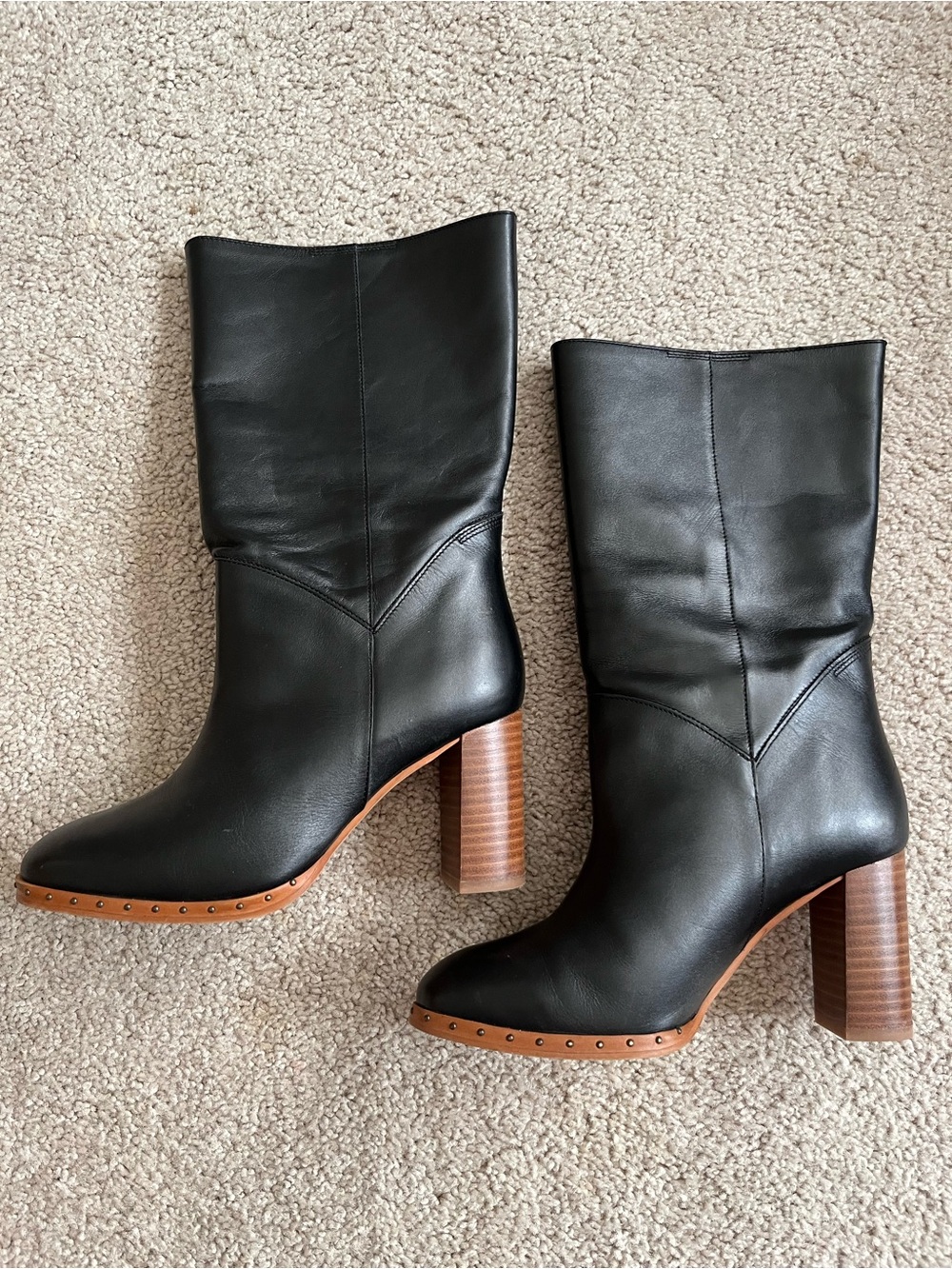 Black all saints High-Heel Leather Mid-Calf Boots with Wood Block Heel